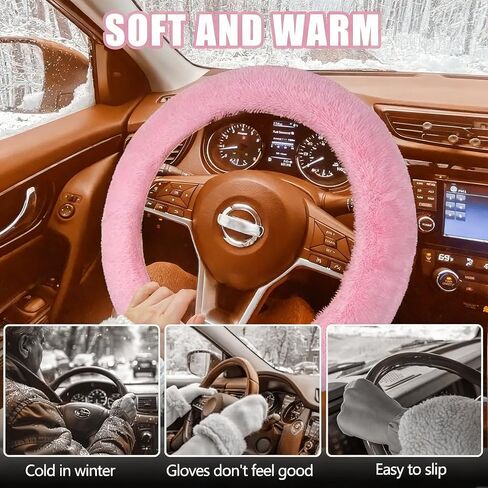 Fluffy Warm Steering Wheel Cover – Universal Fit for 14-15 Inch Wheels, Odorless, Unisex Car Interior Accessory (Pink) in Saudi Arabia