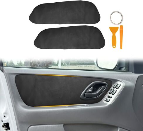 غطاء ألواح الأبواب الأمامية الجلدية متوافق مع Ford Escape 2001-2007، مسند ذراع باب السيارة يستبدل تنجيد الجلد بأداة التثبيت، الجانب الأيسر والأيمن، مضاد للخدش، أسود (قطعتان) in Kuwait