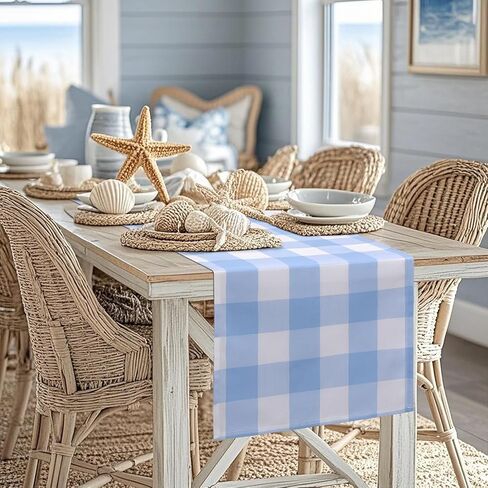 yuboo Light Blue and White Gingham Table Runner 72 inches Long, Buffalo Plaid Check Table Cloth Party Suppliers for Farmhouse Rustic Birthday Wedding Holiday Party Decoration Summer Table Decor in Kuwait