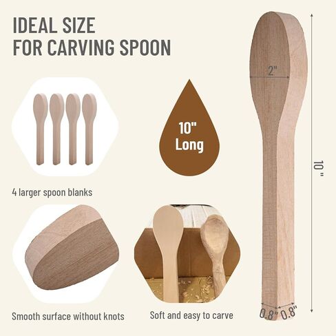 Wood Carving Spoon Blank, 4PCS Unfinished Wood Carving Spoon, Smooth BassWood Blanks for Whittling Crafts, Wooden Blocks for Kids Adults(10'' x 2'') in Saudi Arabia