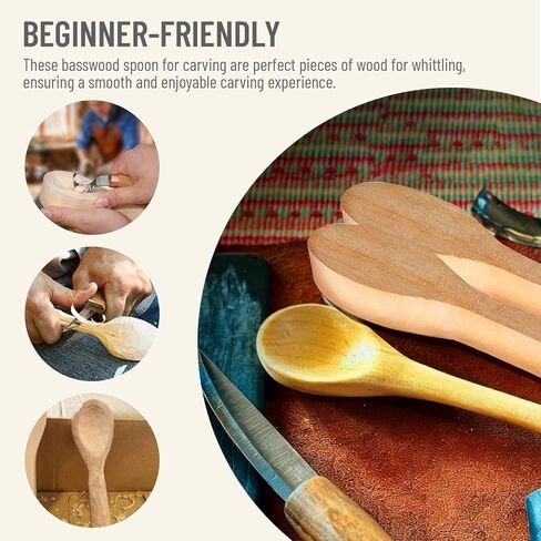 Wood Carving Spoon Blank, 4PCS Unfinished Wood Carving Spoon, Smooth BassWood Blanks for Whittling Crafts, Wooden Blocks for Kids Adults(10'' x 2'') in Saudi Arabia