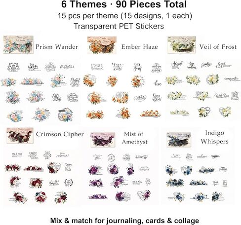 90-Piece Floral Quote PET Stickers for Journaling & Scrapbooking,Transparent Flower Stickers with Words, Aesthetic Collage Supplies for Planner, Cards & Paper Crafts in Saudi Arabia