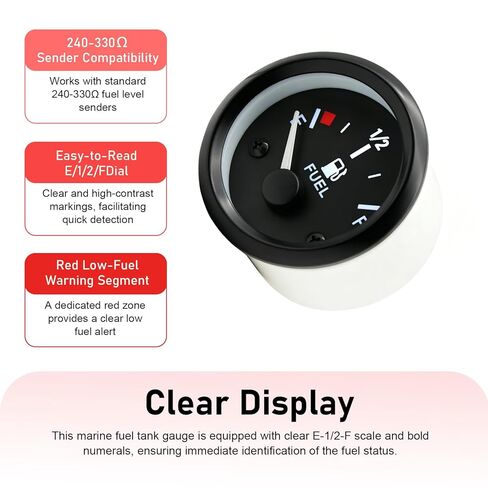 2" 52mm Fuel Level Gauge, 12V 240-33ohm Boat Fuel Gauge Gas Tank Meter with E-1/2-F Pointer Dash, Fuel Sensor with Nut and Bracket, Fit for Car RV Yacht Marine Motorcycle (Black) in Saudi Arabia