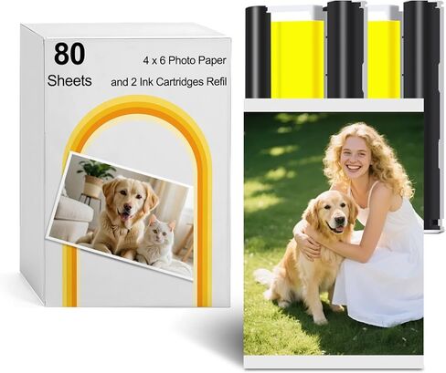 Compatible with Liene Amber M100/M200/M110/M210 4x6" Photo Printer 80 Sheets Photo Paper & 2 Ink Cartridges Refill,Only for DHP512/DHP513/DHP514/DHP515 Printer,Dye Sublimation, Water & Oxidation-Proof in Saudi Arabia