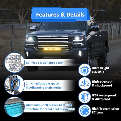 Wsays 22 بوصة 120 واط LED كهرمان/أبيض ستروب ثنائي الصفوف شريط إضاءة مستقيم مع طقم تسخير الأسلاك وأقواس تثبيت المصد الأمامي المخفية المتوافقة مع Chevy Silverado 1500 2500 3500 HD 2007-2013 in Kuwait