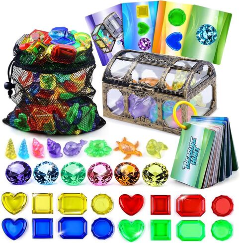 Diving Toys for Kids, 109 Underwater Treasure Hunt Pool Toys with Storage Bag, 60 Sinking Gems, 8 Sea Animals, 1 Pirate Treasure Chest, 38 Waterproof Cards, Fun Search & Find Water Game Pool Dive Toy in Saudi Arabia