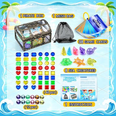 Diving Toys for Kids, 109 Underwater Treasure Hunt Pool Toys with Storage Bag, 60 Sinking Gems, 8 Sea Animals, 1 Pirate Treasure Chest, 38 Waterproof Cards, Fun Search & Find Water Game Pool Dive Toy in Saudi Arabia