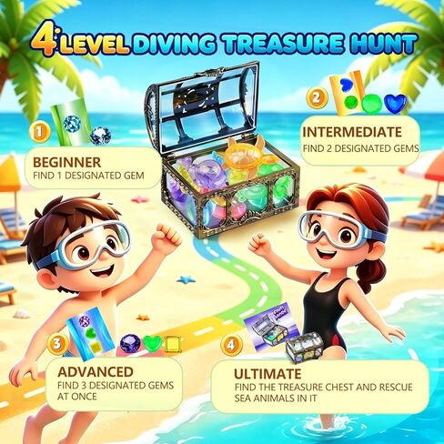 Diving Toys for Kids, 109 Underwater Treasure Hunt Pool Toys with Storage Bag, 60 Sinking Gems, 8 Sea Animals, 1 Pirate Treasure Chest, 38 Waterproof Cards, Fun Search & Find Water Game Pool Dive Toy in Saudi Arabia