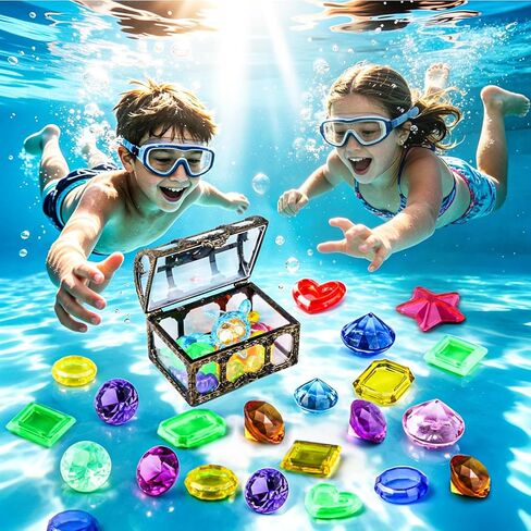 Diving Toys for Kids, 109 Underwater Treasure Hunt Pool Toys with Storage Bag, 60 Sinking Gems, 8 Sea Animals, 1 Pirate Treasure Chest, 38 Waterproof Cards, Fun Search & Find Water Game Pool Dive Toy in Saudi Arabia