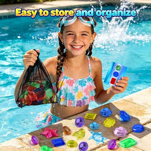 Diving Toys for Kids, 109 Underwater Treasure Hunt Pool Toys with Storage Bag, 60 Sinking Gems, 8 Sea Animals, 1 Pirate Treasure Chest, 38 Waterproof Cards, Fun Search & Find Water Game Pool Dive Toy in Saudi Arabia