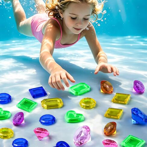 Diving Toys for Kids, 109 Underwater Treasure Hunt Pool Toys with Storage Bag, 60 Sinking Gems, 8 Sea Animals, 1 Pirate Treasure Chest, 38 Waterproof Cards, Fun Search & Find Water Game Pool Dive Toy in Saudi Arabia