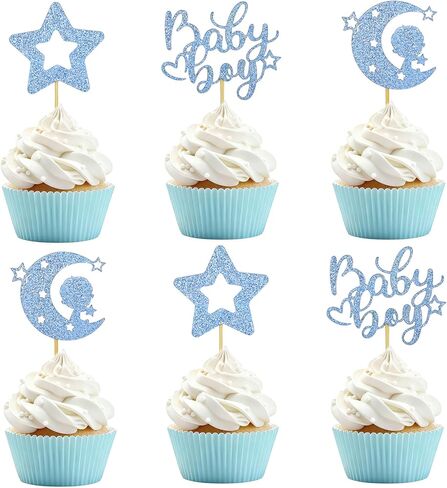 12 PCS Baby Boy Cupcake Topper, Blue with Moon and Stars Cupcake Decoration for Boy Birthday Party Gender Reveal Parties Baby Shower Cupcake Decor in Saudi Arabia