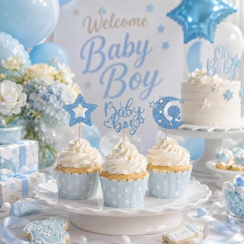 12 PCS Baby Boy Cupcake Topper, Blue with Moon and Stars Cupcake Decoration for Boy Birthday Party Gender Reveal Parties Baby Shower Cupcake Decor in Saudi Arabia