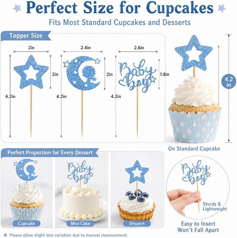 12 PCS Baby Boy Cupcake Topper, Blue with Moon and Stars Cupcake Decoration for Boy Birthday Party Gender Reveal Parties Baby Shower Cupcake Decor in Saudi Arabia
