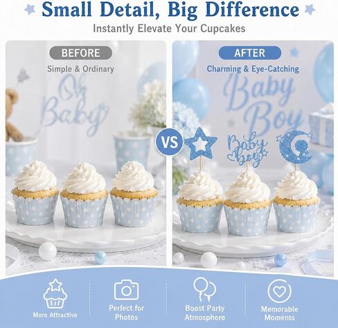 12 PCS Baby Boy Cupcake Topper, Blue with Moon and Stars Cupcake Decoration for Boy Birthday Party Gender Reveal Parties Baby Shower Cupcake Decor in Saudi Arabia