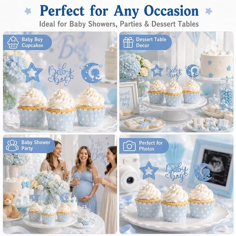 12 PCS Baby Boy Cupcake Topper, Blue with Moon and Stars Cupcake Decoration for Boy Birthday Party Gender Reveal Parties Baby Shower Cupcake Decor in Saudi Arabia