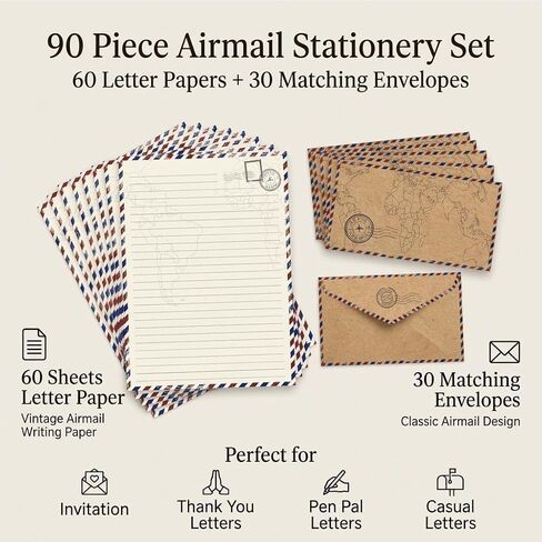 90 Pack Airmail Stationery Paper Set, Vintage Letter Writing Paper and Envelopes Set for Invitations, thank you Letters, or Casual Letters(6.9 x 9.25 In) in Saudi Arabia