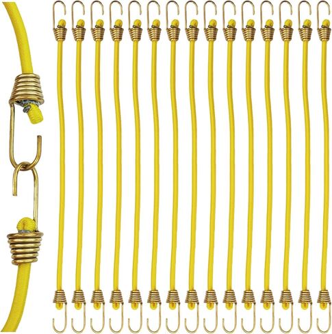 15Pcs Mini Bungee Cords with Hooks, 10 Inch Heavy Duty Elastic Rope Straps for Outdoor, Luggage, Camping, Tents, Bikes, Car, RV, Flexible Small Bungee Cord Set, Yellow in Saudi Arabia