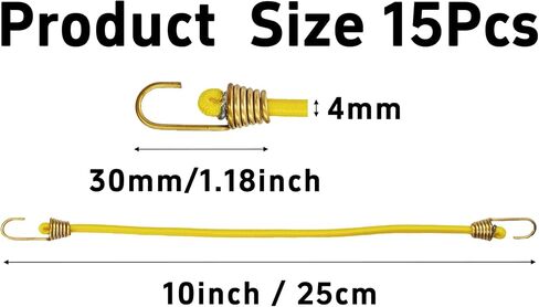 15Pcs Mini Bungee Cords with Hooks, 10 Inch Heavy Duty Elastic Rope Straps for Outdoor, Luggage, Camping, Tents, Bikes, Car, RV, Flexible Small Bungee Cord Set, Yellow in Saudi Arabia