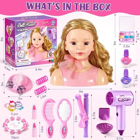 Golray Doll Head for Hair Styling Kids Girls, 30+ PCS Real Washable Makeup Kit&Beauty Salon Pretend Play Set with Hair Dryer, 9" Half Body Princess Doll Toy Birthday Gift for Girl Age 3 4 5 6 7 8 9 10 in Saudi Arabia