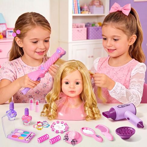 Golray Doll Head for Hair Styling Kids Girls, 30+ PCS Real Washable Makeup Kit&Beauty Salon Pretend Play Set with Hair Dryer, 9" Half Body Princess Doll Toy Birthday Gift for Girl Age 3 4 5 6 7 8 9 10 in Saudi Arabia