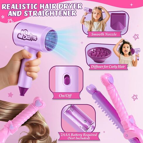 Golray Doll Head for Hair Styling Kids Girls, 30+ PCS Real Washable Makeup Kit&Beauty Salon Pretend Play Set with Hair Dryer, 9" Half Body Princess Doll Toy Birthday Gift for Girl Age 3 4 5 6 7 8 9 10 in Saudi Arabia