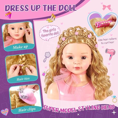 Golray Doll Head for Hair Styling Kids Girls, 30+ PCS Real Washable Makeup Kit&Beauty Salon Pretend Play Set with Hair Dryer, 9" Half Body Princess Doll Toy Birthday Gift for Girl Age 3 4 5 6 7 8 9 10 in Saudi Arabia
