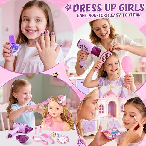 Golray Doll Head for Hair Styling Kids Girls, 30+ PCS Real Washable Makeup Kit&Beauty Salon Pretend Play Set with Hair Dryer, 9" Half Body Princess Doll Toy Birthday Gift for Girl Age 3 4 5 6 7 8 9 10 in Saudi Arabia