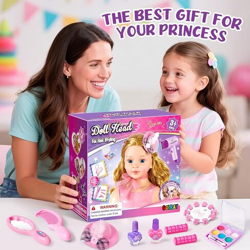 Golray Doll Head for Hair Styling Kids Girls, 30+ PCS Real Washable Makeup Kit&Beauty Salon Pretend Play Set with Hair Dryer, 9" Half Body Princess Doll Toy Birthday Gift for Girl Age 3 4 5 6 7 8 9 10 in Saudi Arabia