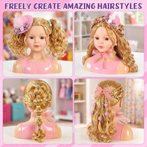 Golray Doll Head for Hair Styling Kids Girls, 30+ PCS Real Washable Makeup Kit&Beauty Salon Pretend Play Set with Hair Dryer, 9" Half Body Princess Doll Toy Birthday Gift for Girl Age 3 4 5 6 7 8 9 10 in Saudi Arabia