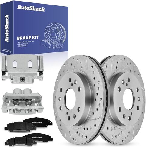 دوارات الفرامل الأمامية من AutoShack، وسادات سيراميك وفرجار لسيارة شيفروليه، سيلفرادو 1500 2005-2008 - محفورة ومثقوبة مشقوقة مطلية بالزنك الفضي - SilverShield Pro - 12.99 بوصة (329.9 مم)، 6 عروات in Kuwait