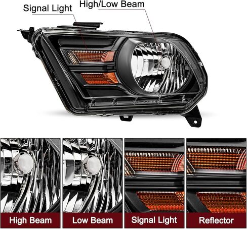 JSBOYAT Halogen Headlight Assembly Replacement Fit for 2010-2014 Ford Mustang Headlamp Driver & Passenger Side [NOT for HID/Xenon], Black Housing with Amber Reflector in Saudi Arabia