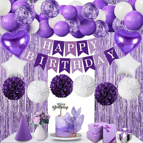 Purple Birthday Decorations for Girls Women,Party Decorations Happy Birthday Decoration with Banner, Balloons, Pompoms, Purple Aluminum Foil Curtain for Bday Engagement Anniversary Party Decor Kit in Saudi Arabia