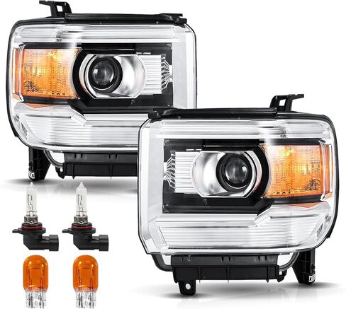 Headlights Assembly Pair with Bulbs for 2014-2018 GMC Sierra 1500/2015-2019 GMC Sierra 2500 3500 Halogen Headlamps w/ LED DRL Replacement Driver and Passenger Side,Chrome Housing Clear Reflector in Kuwait