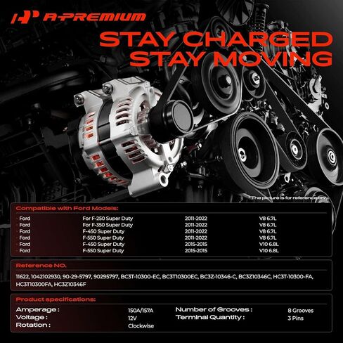 A-Premium Alternator Compatible with F-250 Super Duty F-350 Super Duty F-450 Super Duty F-550 Super Duty, 2011-2022, 6.7L 6.8L, 12V 150A/157A 8-Groove Pulley Clockwise in Kuwait