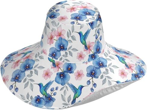 Pfrewn Women's Sun Hat for Gardening Flower Pink Flowers Blue Hummingbirds Wide Brim Outdoor Foldable Roll-Up Beach Hat UPF 50 in Saudi Arabia
