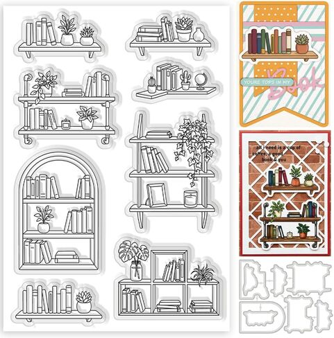 Bookshelf Theme Design Card Making Supplies, Clear Silicone Stamps Metal Frame Die Cuts for Card Making, Stencils for Crafts Reusable DIY Books Scrapbooking Album Arts Crafts Supplies in Kuwait
