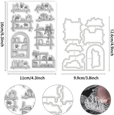 Bookshelf Theme Design Card Making Supplies, Clear Silicone Stamps Metal Frame Die Cuts for Card Making, Stencils for Crafts Reusable DIY Books Scrapbooking Album Arts Crafts Supplies in Kuwait