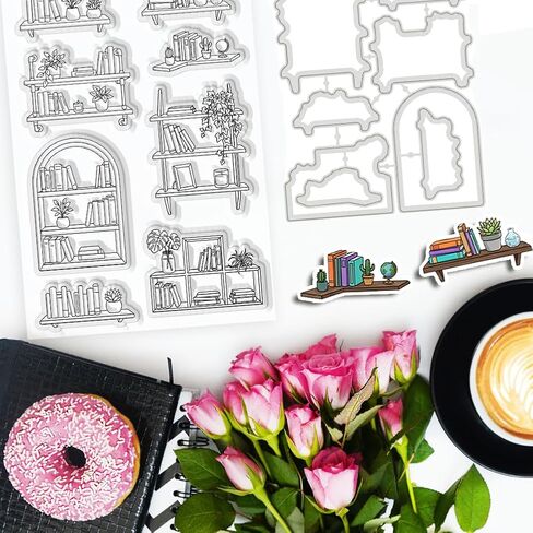 Bookshelf Theme Design Card Making Supplies, Clear Silicone Stamps Metal Frame Die Cuts for Card Making, Stencils for Crafts Reusable DIY Books Scrapbooking Album Arts Crafts Supplies in Kuwait