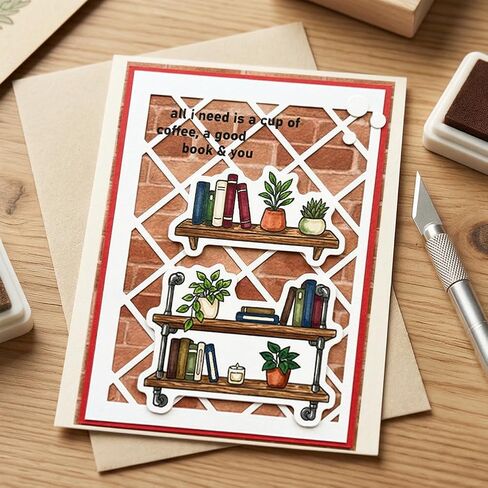 Bookshelf Theme Design Card Making Supplies, Clear Silicone Stamps Metal Frame Die Cuts for Card Making, Stencils for Crafts Reusable DIY Books Scrapbooking Album Arts Crafts Supplies in Kuwait