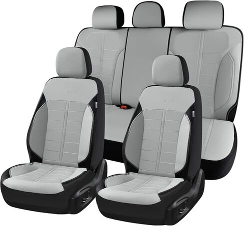 Coverado Full Set Leather Car Seat Covers, Crafted with Full Leather Construction and Carbon Fibre Weave Universal Fit for Most Cars SUV Trucks(Gray in Saudi Arabia