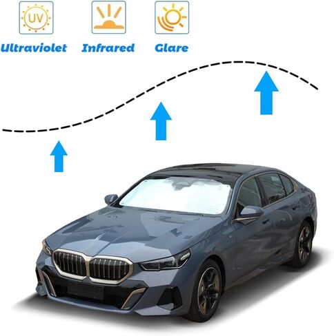 مظلة للزجاج الأمامي للسيارة تناسب حسب الطلب متوافقة مع BMW 5 Series G60 2024-2025 قابلة للطي ودرع شمسي عاكس من البوليستر غطاء حاجب الشمس كتلة الحرارة، واقي حاجب الشمس من الأشعة فوق البنفسجية in Kuwait
