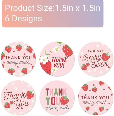 500Pcs 1.5'' Strawberry Thank You Stickers 6 Designs Sweet Berry Much Stickers Roll Pink Fruits Decorative Decals for Party Dessert Packing Supplies Baby Shower Birthday in Saudi Arabia