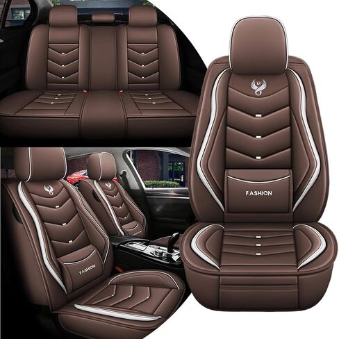 أغطية مقاعد السيارة مجموعة كاملة لأغطية مقاعد جلدية Ford Fiesta 2011-2019، غطاء مقعد مقاوم للماء وغير قابل للانزلاق وجيد التهوية، واقي مقعد السيارة وسائد هوائية مُكيَّفة (فاخرة، بني) in Kuwait