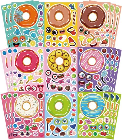 27 Sheets Donut Stickers for Kids, Make a Donut Face Stickers, Make Your Own Donut Sticker Mix and Match Sweets and Treats Fruit, Birthday Gifts DIY Art Crafts Donut Party Decoration Teacher Reward in Saudi Arabia