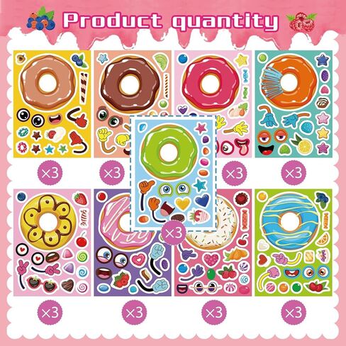27 Sheets Donut Stickers for Kids, Make a Donut Face Stickers, Make Your Own Donut Sticker Mix and Match Sweets and Treats Fruit, Birthday Gifts DIY Art Crafts Donut Party Decoration Teacher Reward in Saudi Arabia