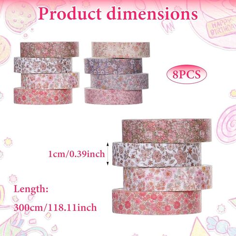 8 Rolls Vintage Washi Tape Set Thin Retro Decorative Antique Patterns Masking Tapes Bohemian Colorful Cute Little Flowers for Arts, DIY Crafts, Journals, Planners, Scrapbook, Wrapping in Saudi Arabia