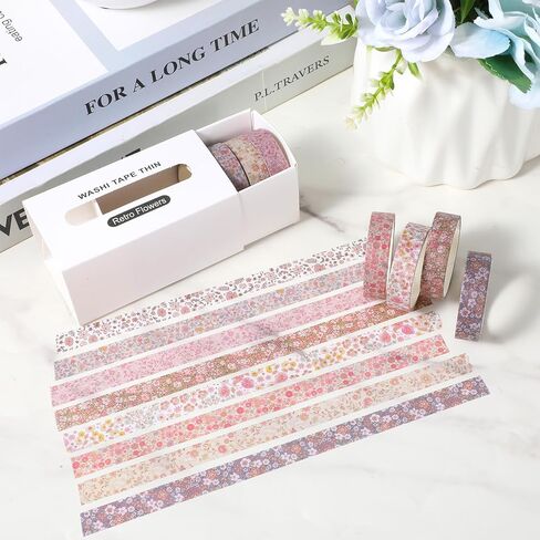 8 Rolls Vintage Washi Tape Set Thin Retro Decorative Antique Patterns Masking Tapes Bohemian Colorful Cute Little Flowers for Arts, DIY Crafts, Journals, Planners, Scrapbook, Wrapping in Saudi Arabia