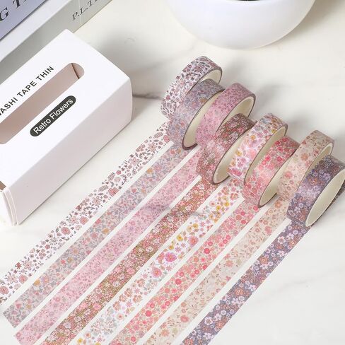 8 Rolls Vintage Washi Tape Set Thin Retro Decorative Antique Patterns Masking Tapes Bohemian Colorful Cute Little Flowers for Arts, DIY Crafts, Journals, Planners, Scrapbook, Wrapping in Saudi Arabia