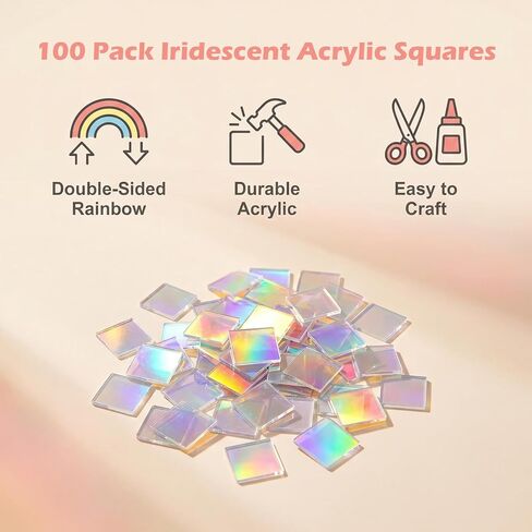 100 Pack Iridescent Acrylic Squares, Mini Rainbow Holographic Acrylic Squares for DIY Crafts, Mosaic Art, Light & Shadow Projects, Home Decoration in Saudi Arabia